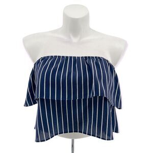 Forever 21 Women’s Navy Blue Striped Off The Shoulder Flowy Crop Top Small